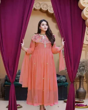 Peach Stylish Pearls Maxi Dress for Girls