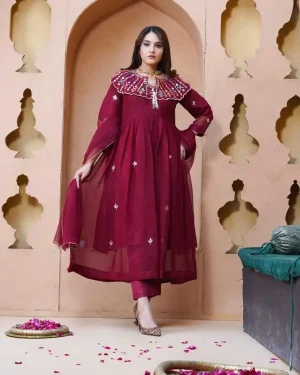 Mehroon Stylish Pearls Maxi Dress for Girls